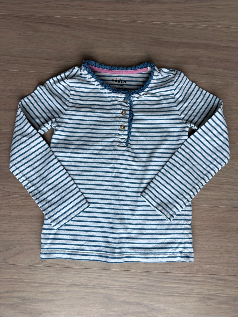 Mini Boden Girls' Striped Blue & White Long-Sleeve Henley Top